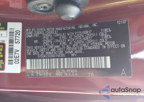 2008 Toyota Sienna Le z USA, uszkodzony, nr VIN 5TDZK23C68S146365